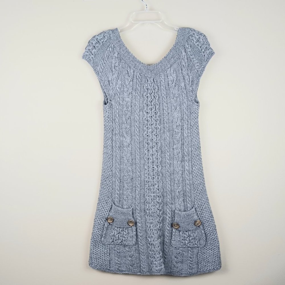 FREE PEOPLE | Cable Knit Sleeveless Sweater Tunic Dress Gray Front Pockets Sz M